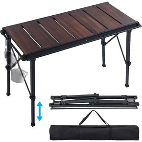 CHANGE MOORE Portable IGT Camping Table Acacia Wood Tabletop, 16.14-26.4inch Height-Adjustable Aluminum Table Leg, X-Shaped Structural Support, 3 Side Pipes Outdoor Table with Carrying Zipper Bag
