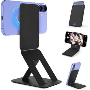 Phone Tripod Wallet for MagSafe, Magnetic Phone Tripod Stand, Adjustable Phone Wallet Compatible with iPhone 16/15/14/13/12 Series, Invisible Selfie Stick Tripod, Travel Essential (Black)