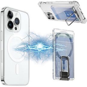Ion لمحفظة MagSafe مع حامل معدني، حامل بطاقات محفظة هاتف مغناطيسي لسلسلة iPhone 16 Pro Max/16 Pro/16 Plus/16/15 Pro Max/15 Pro/15 Plus/15/14/13/12 (شفاف كريستالي مع فضي) مسنده)