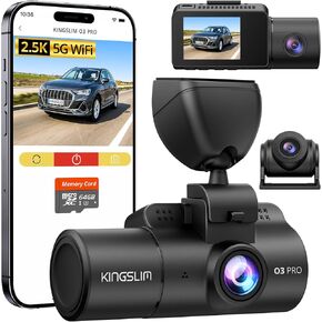 Kingslim 3 Channel Dash Cam أمامية وخلفية من الداخل، 5G WiFi Dashcam 2.5K+1080P+1080P مع بطاقة SD سعة 64 جيجابايت، وكاميرا داش للسيارات ذات الرؤية الليلية بالأشعة تحت الحمراء، وتسجيل حلقة (O3PRO)