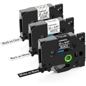 MarkDomain P Touch Label Maker Tape Refill Replacement for Brother Tze-131 Tze-231 Tze-335 Label Tape 12mm 0.47" (Black on Clear/White&White on Black) for Brother PT-D210 PT-H110 PT-D400, 3-Pack