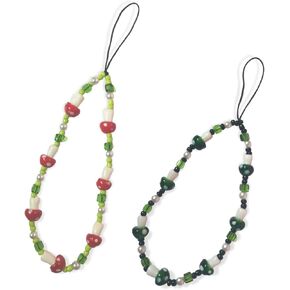 Meefisher 2 PCS Cute Red/Green Mushroom Beaded Phone Charm Lanyard Aesthetic Accessories Sweet Wrist Strap Anti-Lost Chain for Women