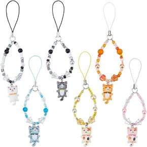 BENECREAT 6 Styles Cell Phone Strap Charms, Cat Pendant Charm Portable Keychain Strap Star Beads Phone Accessories for Car Key Purse Decoration Bags Keychain,5.7 inch Long