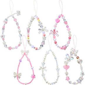 Leitee 6 Pcs Cute Phone Charms Strap Bow Knot Beaded Phone Charms Pink Phone Lanyard Wrist Strap Coquette Aesthetic Phone Chain for Phone Bag Keychain Airpods Camera Pendants Decor