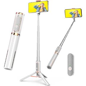 COLOR LIZARD Cellphone Tripod, Selfie Stick Tripod with Remote, Aluminum Alloy Phone Tripod, Foldable Travel Tripod Stand 270° Rotation Compatible with iPhone/Android Camera - White & Rose Gold