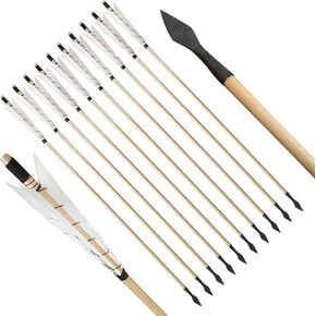Archery Hunting Arrows, 12 Pack Traditional Target Wooden Arrow 5" Turkey Feathers Fletching with Vintage Broadheads Tips White