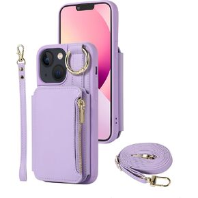 for iPhone 12 Pro Case/12 Case Wallet with Card Holder, Crossbody Leather Zipper Phone Case Purse with Wrist Straps (Purple, iPhone 12/12 Pro (6.1 Inch, 2 Lens))