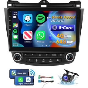 [8 CORE 4G+64G] for Honda Accord 2003-2007 Car Radio with Wireless Carplay/Android Auto, 10.1 Inch Android 13 IPS Touch Screen Car Stereo, Bluetooth, GPS Navi, WiFi, SWC, DSP + Backup Camera