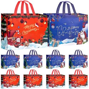 12PCS Extra Large Christmas Gift Bags, 16.9"×12.6"×7.1", Reusable Christmas Tote Bags with Handle Non-Woven Christmas Bags for Gifts Wrapping Xmas Holiday