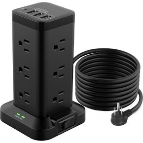 BEVA Power Strip Tower with USB Ports, Surge Protector with USB Ports, 12 AC and 4 USB Ports, 10 FT Extension Cord with Power Surge Tower, Office Supplies Office Organization Dorm Room Essentials