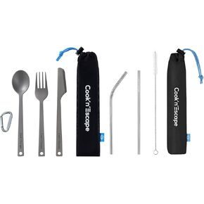 COOK'N'ESCAPE Reusable Titanium Straw, Lightweight Drinking Metal Straw with Cleaning Brush Dia 6.35mm x 200mm, 2 Pack (1 Straight +1 Bent)