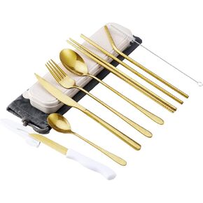 hecef 11 PCS Gold Plating Travel Cutlery Set with Compact Carrying Case & Mesh Bag, Reusable Stainless Steel Utensils, Handy Flatware Set for Work, School, Camping and Travel (Gold)