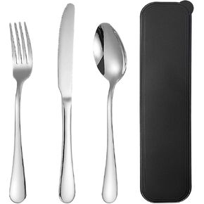 Portable Utensils Set with Case Travel Flatware Set with Case 3 Piece Stainless Steel Reusable Utensils Silverware Set Camping Utensils Office Camping for Lunch Box (Black)