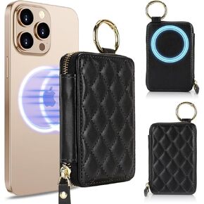 Compatible with MagSafe Wallet,Magnetic Phone Wallet Card Holder for iPhone 16 Pro Max/15 Pro/14 Plus/13/12 Series,Leather Zipper Pocket Adjustable Stand-Black