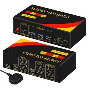 2*DP+1*HDMI KVM Switches 3 Monitors KVM Switch 2 Monitors 2 Computers Display Port，8K@60HZ,USB3.0,kvm displayport 2 Computers 3 Monitors Dual Monitors Support Extended and Copy Mode,Share USB Devices