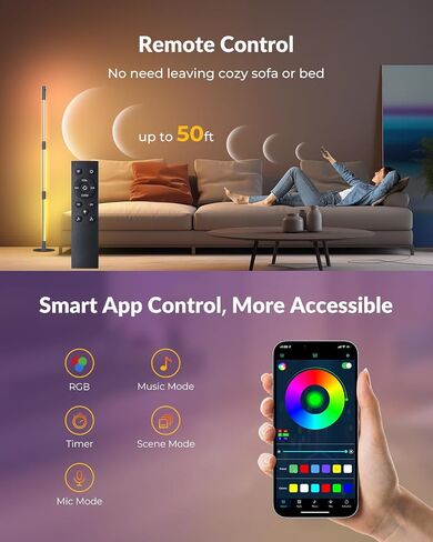 مصباح أرضي LED للزاوية، مصابيح زاوية RGB ذكية مع ضوء كشاف إضافي، التحكم عن بعد والتطبيق، مزامنة الموسيقى وDIY، إضاءة محيطة دوارة 360 درجة لغرفة النوم وغرفة المعيشة ومكتب الألعاب in Saudi Arabia