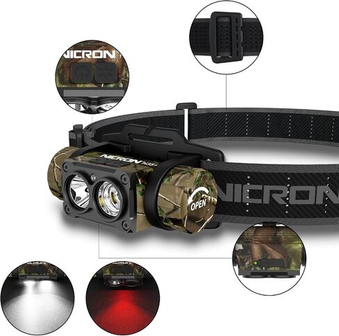 NICRON Rechargeable Headlamp, High Bright 1600 lumens 180° Rotating Aluminum LED Head Lamp with 3 Light Sources 10 Modes Waterproof Head Flashlight H35+ for Camping Hunting Running Fishing (Camo) in Kuwait
