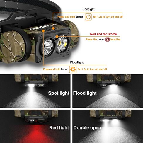 NICRON Rechargeable Headlamp, High Bright 1600 lumens 180° Rotating Aluminum LED Head Lamp with 3 Light Sources 10 Modes Waterproof Head Flashlight H35+ for Camping Hunting Running Fishing (Camo) in Kuwait