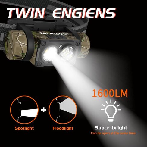 NICRON Rechargeable Headlamp, High Bright 1600 lumens 180° Rotating Aluminum LED Head Lamp with 3 Light Sources 10 Modes Waterproof Head Flashlight H35+ for Camping Hunting Running Fishing (Camo) in Kuwait