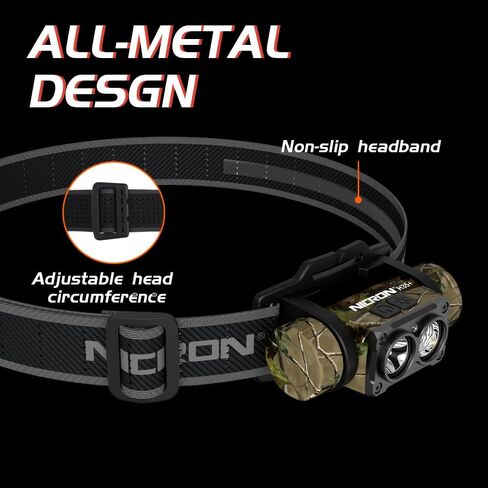 NICRON Rechargeable Headlamp, High Bright 1600 lumens 180° Rotating Aluminum LED Head Lamp with 3 Light Sources 10 Modes Waterproof Head Flashlight H35+ for Camping Hunting Running Fishing (Camo) in Kuwait