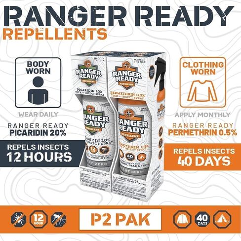 Ranger Ready P2Pak Permethrin + Picaridin Tick & Insect Repellent, Scent Zero, 8 Fl Oz. (Pack of 2) in Saudi Arabia