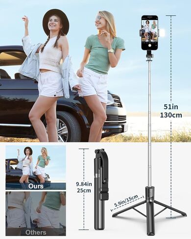 Selfie Stick,51" Phone Tripod & Selfie Stick with Light, Portable Extendable Selfie Stick Tripod with Wireless Remote & Phone Holder, Compatible with iPhone 15 Pro Max/15/14 Pro, Samsung S22/S23 Ultra in Saudi Arabia