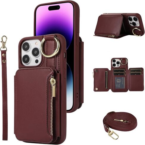 for iPhone 12 Pro Case/12 Case Wallet with Card Holder, Crossbody Leather Zipper Phone Case Purse with Wrist Straps (Purple, iPhone 12/12 Pro (6.1 Inch, 2 Lens)) in Saudi Arabia
