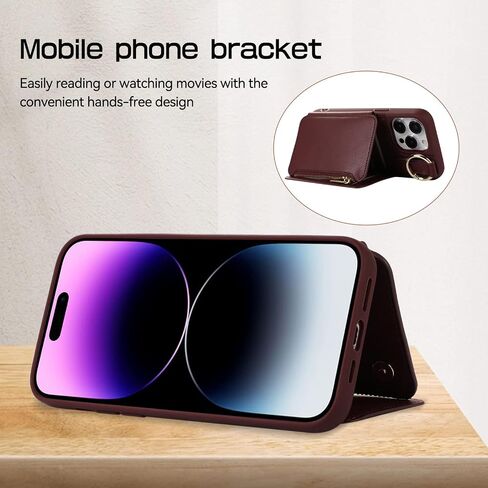 for iPhone 12 Pro Case/12 Case Wallet with Card Holder, Crossbody Leather Zipper Phone Case Purse with Wrist Straps (Purple, iPhone 12/12 Pro (6.1 Inch, 2 Lens)) in Saudi Arabia