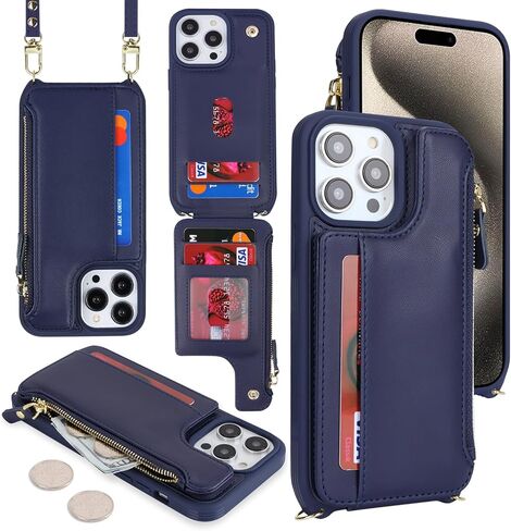 Cavor for iPhone 15 Pro Case with Card Holder,for iPhone 15 Pro Wallet Case for Women,Compatible with Magsafe,Phone Case for iPhone 15 Pro Case with Strap Crossbody,Leather Magnetic Zipper Case-Brown in Kuwait