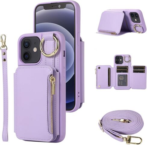 for iPhone 12 Pro Case/12 Case Wallet with Card Holder, Crossbody Leather Zipper Phone Case Purse with Wrist Straps (Purple, iPhone 12/12 Pro (6.1 Inch, 2 Lens)) in Saudi Arabia