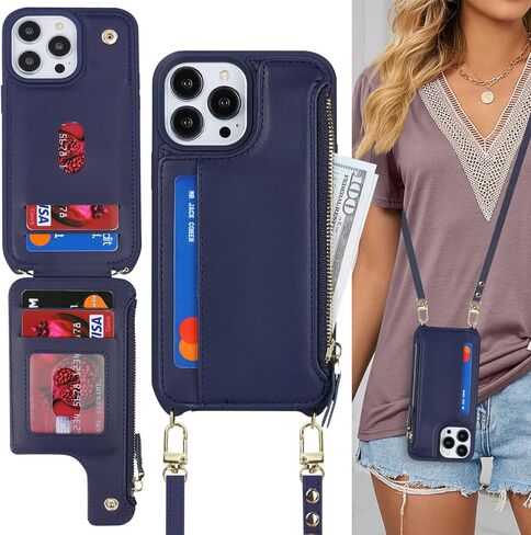 Cavor for iPhone 15 Pro Case with Card Holder,for iPhone 15 Pro Wallet Case for Women,Compatible with Magsafe,Phone Case for iPhone 15 Pro Case with Strap Crossbody,Leather Magnetic Zipper Case-Brown in Kuwait