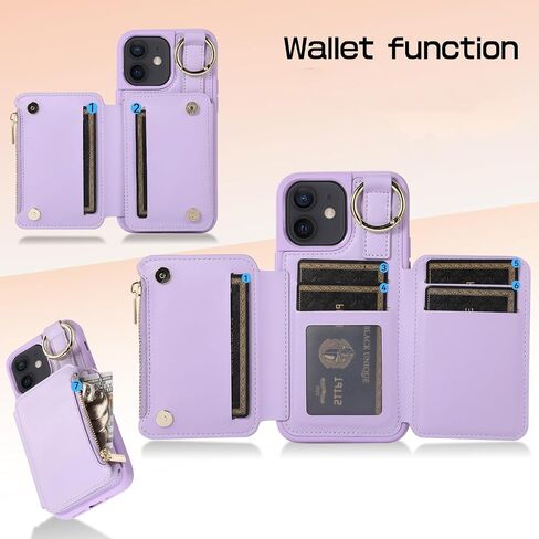 for iPhone 12 Pro Case/12 Case Wallet with Card Holder, Crossbody Leather Zipper Phone Case Purse with Wrist Straps (Purple, iPhone 12/12 Pro (6.1 Inch, 2 Lens)) in Saudi Arabia