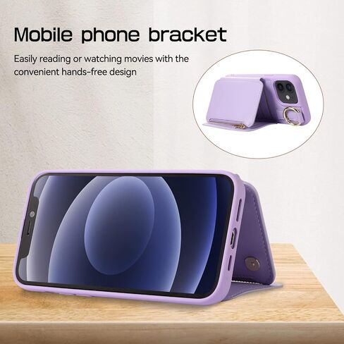 for iPhone 12 Pro Case/12 Case Wallet with Card Holder, Crossbody Leather Zipper Phone Case Purse with Wrist Straps (Purple, iPhone 12/12 Pro (6.1 Inch, 2 Lens)) in Saudi Arabia