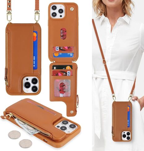 Cavor for iPhone 15 Pro Case with Card Holder,for iPhone 15 Pro Wallet Case for Women,Compatible with Magsafe,Phone Case for iPhone 15 Pro Case with Strap Crossbody,Leather Magnetic Zipper Case-Brown in Kuwait