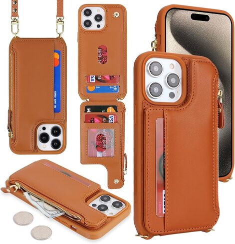 Cavor for iPhone 15 Pro Case with Card Holder,for iPhone 15 Pro Wallet Case for Women,Compatible with Magsafe,Phone Case for iPhone 15 Pro Case with Strap Crossbody,Leather Magnetic Zipper Case-Brown in Kuwait
