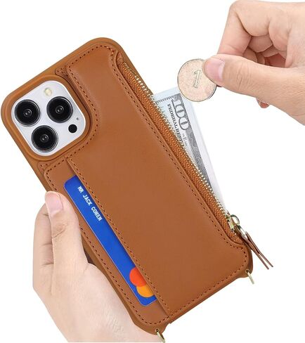 Cavor for iPhone 15 Pro Case with Card Holder,for iPhone 15 Pro Wallet Case for Women,Compatible with Magsafe,Phone Case for iPhone 15 Pro Case with Strap Crossbody,Leather Magnetic Zipper Case-Brown in Kuwait