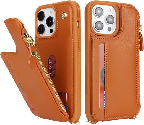 Cavor for iPhone 15 Pro Case with Card Holder,for iPhone 15 Pro Wallet Case for Women,Compatible with Magsafe,Phone Case for iPhone 15 Pro Case with Strap Crossbody,Leather Magnetic Zipper Case-Brown in Kuwait