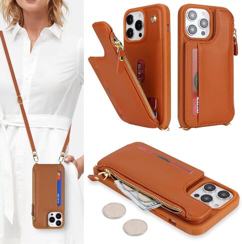 Cavor for iPhone 15 Pro Case with Card Holder,for iPhone 15 Pro Wallet Case for Women,Compatible with Magsafe,Phone Case for iPhone 15 Pro Case with Strap Crossbody,Leather Magnetic Zipper Case-Brown in Kuwait