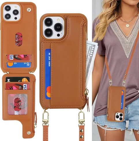 Cavor for iPhone 15 Pro Case with Card Holder,for iPhone 15 Pro Wallet Case for Women,Compatible with Magsafe,Phone Case for iPhone 15 Pro Case with Strap Crossbody,Leather Magnetic Zipper Case-Brown in Kuwait