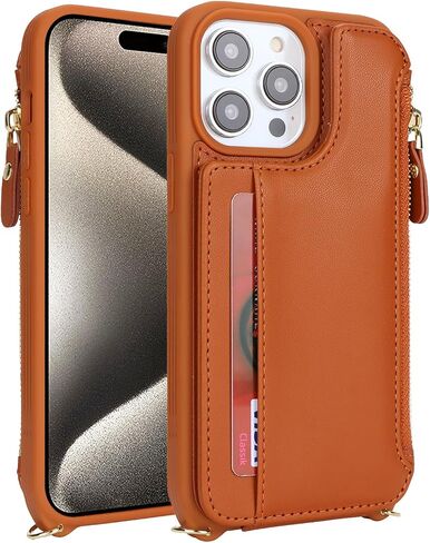 Cavor for iPhone 15 Pro Case with Card Holder,for iPhone 15 Pro Wallet Case for Women,Compatible with Magsafe,Phone Case for iPhone 15 Pro Case with Strap Crossbody,Leather Magnetic Zipper Case-Brown in Kuwait