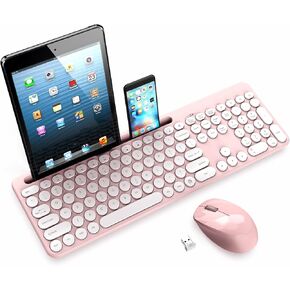 LeadsaiL Wireless Keyboard and Mouse Combo, Full-Sized Ergonomic Computer Keyboard with Phone Tablet Holder, 2.4GHz Silent Cordless Keyboard Mouse Set for Windows Laptop, PC, Desktop - Pink