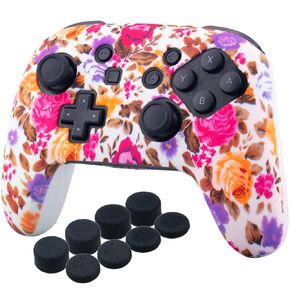 YoRHa Studded Silicone Transfer Print Cover Skin Case ONLY for Nitendo Official Switch Pro Controller x 1(Flowers) with Pro Thumb Grips x 8