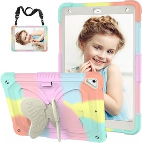 for iPad 9th 8th 7th Generation Case for Kids Girl with Pencil Holder, for iPad 10.2 Case with Butterfly Stand Shoulder Strap Shockproof Protective Cover, Multicolor
