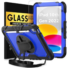 BLOSOMEET Case for iPad 10th Generation 2022 10.9 Inch with Tempered Glass Screen Protector & Pencil Holder,Military Grade Rugged Protective 10th Gen iPad Cover with Stand Handle Shoulder Strap,Black