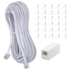 Telephone Extension Cord Phone Cable Line Wire, with Standard RJ11 Plug and 1 in-Line Couplers and 30 Cable Clip Holders-White 100FT (30Meter/White/1Pack)