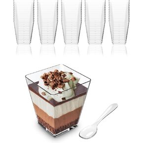 Mini Dessert Cups with Lids and Spoons (50 PACK) (Gold Spoons) – 5 oz Plastic Appetizer Cups for Parfait – Reusable Mini Square Dessert Cups for Events, Parties, & More - BPA Free Catering Supplies