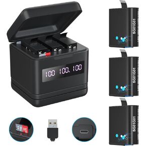 Flip Reader Box with 3 Pack Batteries and Fast Charger for GoPro Hero 8/Hero 7/Hero 6/Hero 5, USB and USB-C Fast Charger with High Speed Micro SD Card Reader and Battery Power Read Function