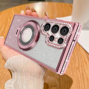 Losin Compatible with Galaxy S24 Ultra Glitter Magnetic Case with Invisible Stand [Compatible with MagSafe] Luxury Bling Rhinestone Full Camera Lens Protection Cover for Women and Girls, Silver
