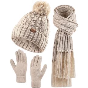 Women Winter Knit Warm Hat Scarf Beanie Gloves Set Pom Fleece Lined Hat with Touchscreen Gloves