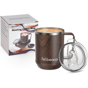 16oz Heated Coffee Mug with Flat Bottom for Rapid Heating , Stainless Steel Heated Coffee Cup Suitable for Different Coffee Mug Warmer/ Heaters, Heated Mug/Cup for Home and Office Desk,Wood Grain